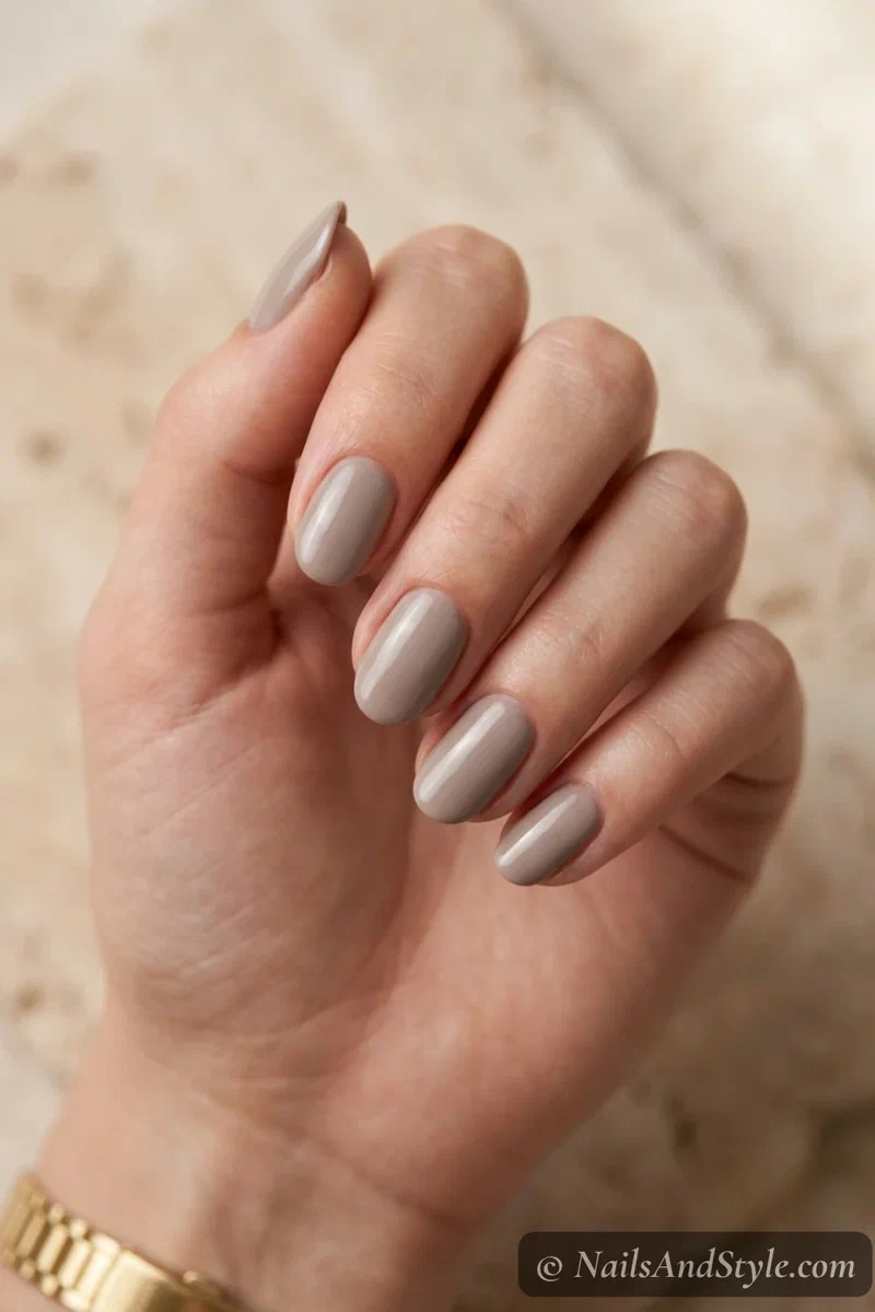 Polished taupe nails with a smooth greige neutral and glossy finish on short oval nails