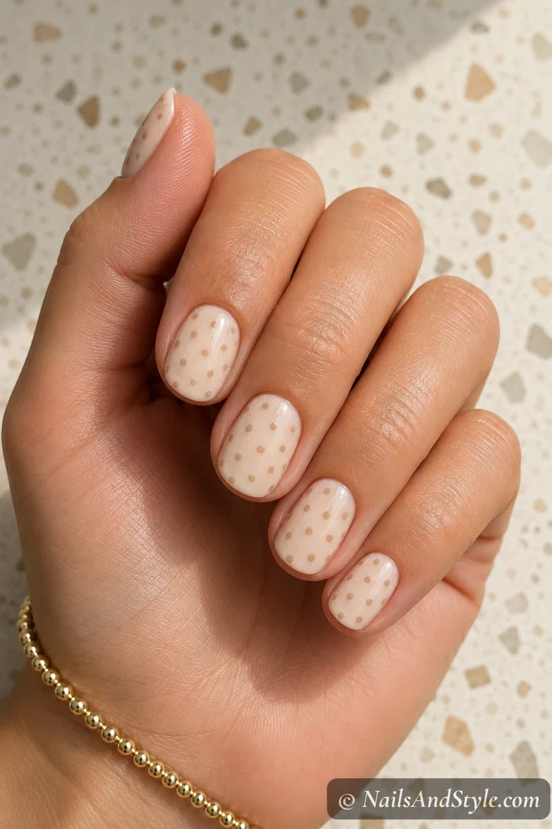 Polka dot neutral nails with tiny tone-on-tone dots over a cream base on short round nails