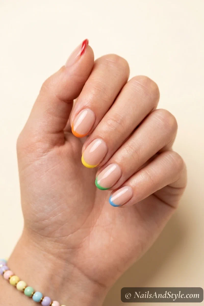 Rainbow crayon tip nails with a thin different-colored tip on each nail over a nude base on short oval nails