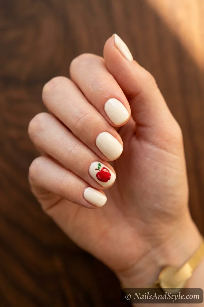 Red apple accent nails with a little red apple and green leaf on a cream accent nail, short round nails