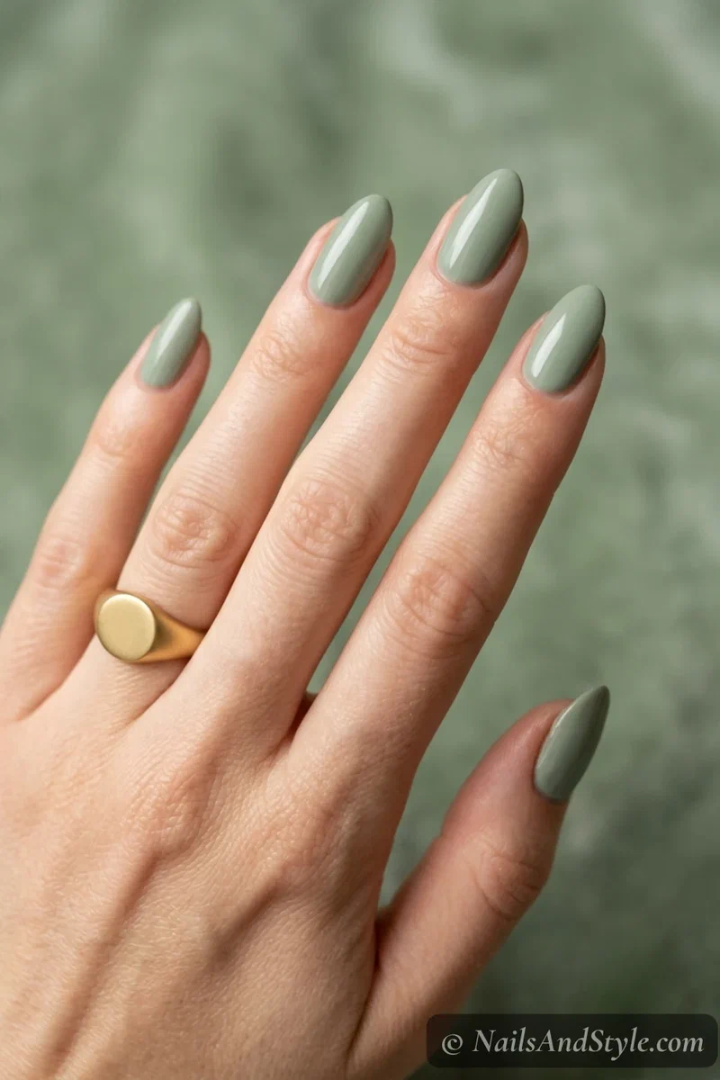 Sage green nails with a muted opaque green and glossy finish on medium almond nails