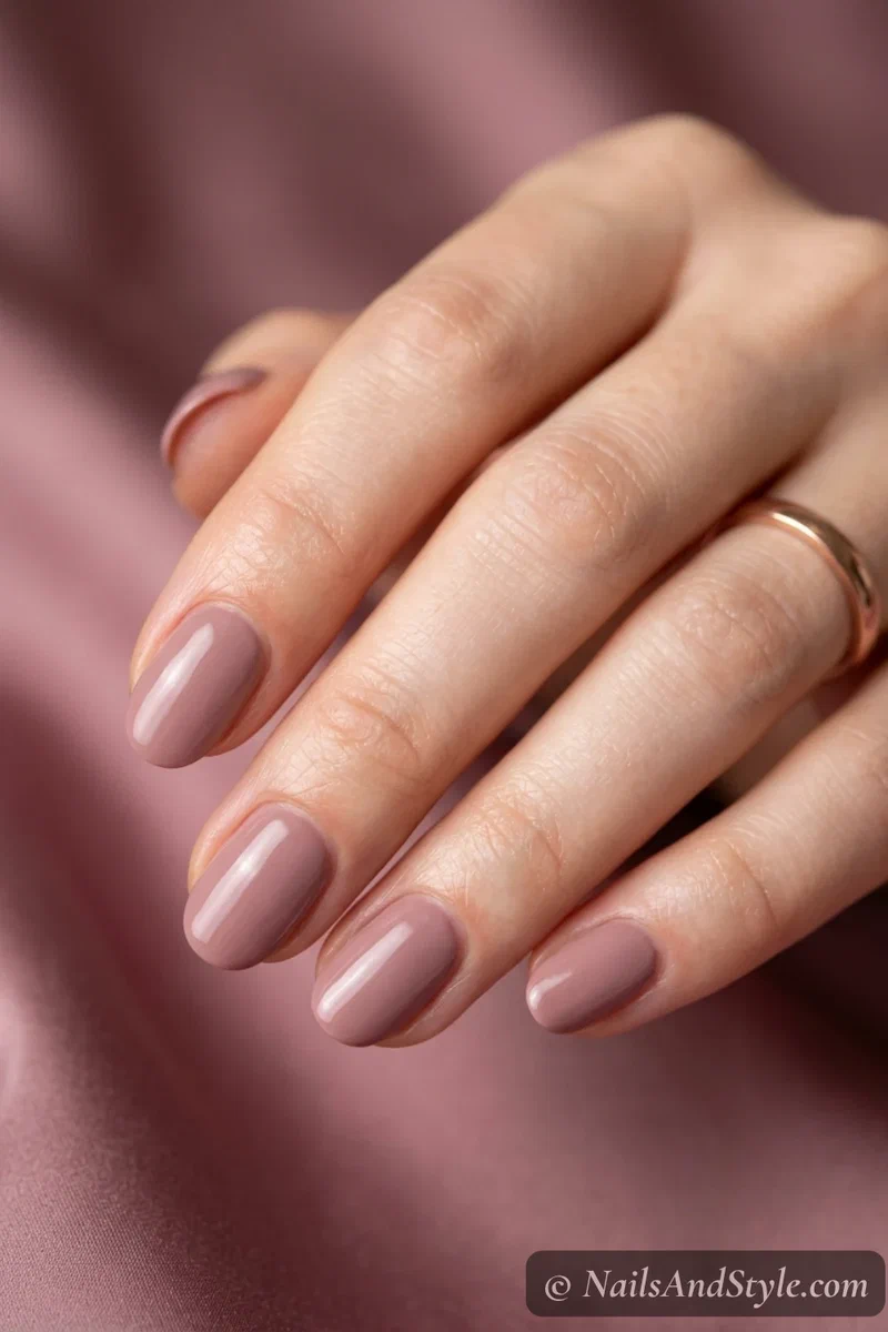 Soft mauve nails with a dusty pink-brown and glossy finish on short oval nails