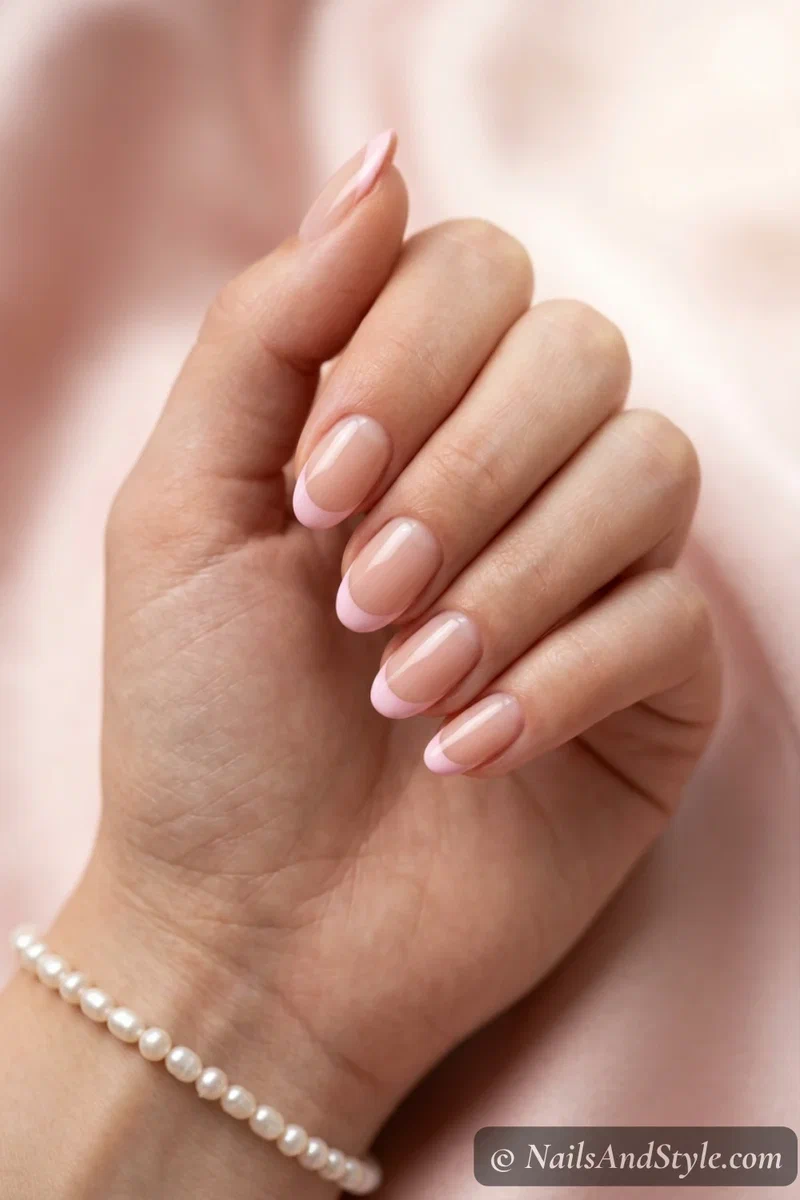 Soft pink French tip nails with pale pink tips over a sheer nude base on medium oval nails