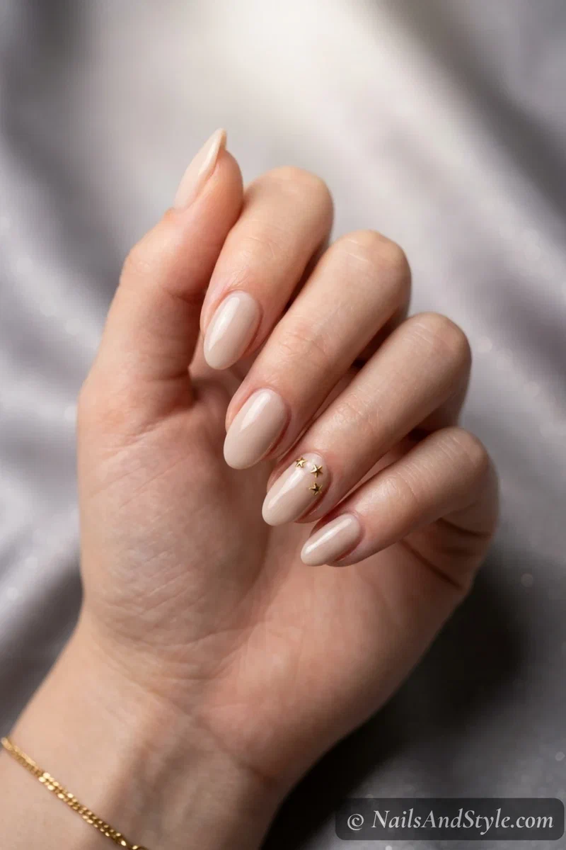 Tiny star accent nails with small gold star studs near the cuticle of one nail over a neutral base, short almond nails