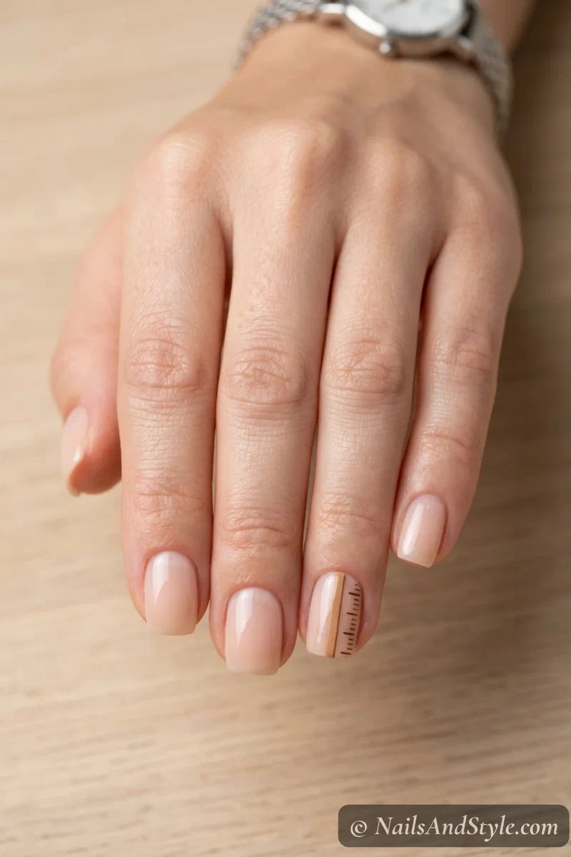 Wooden ruler accent nails with a tan ruler stripe and tiny tick marks on one nude accent nail, short squoval nails