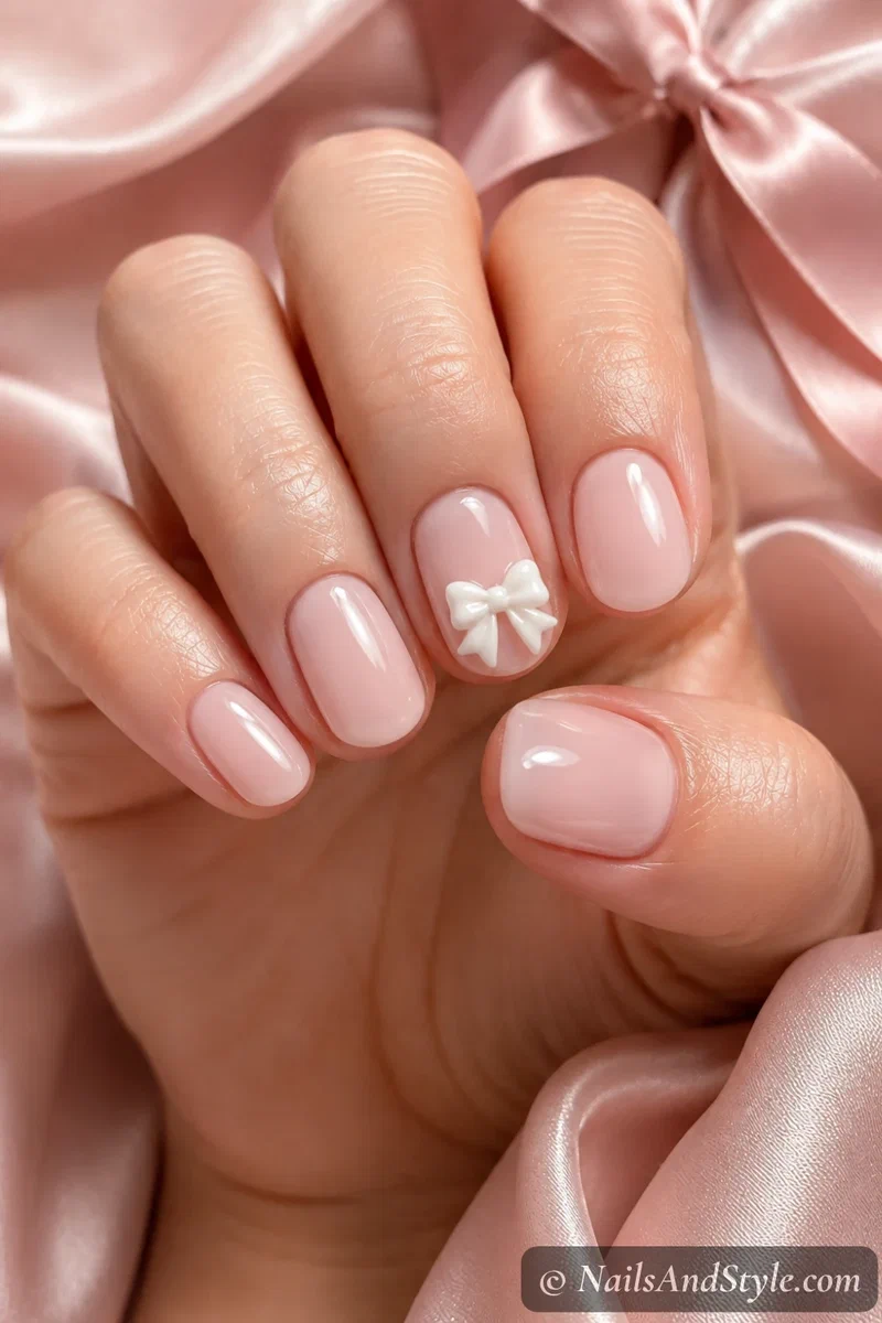 Milky nails with a 3D bow accent