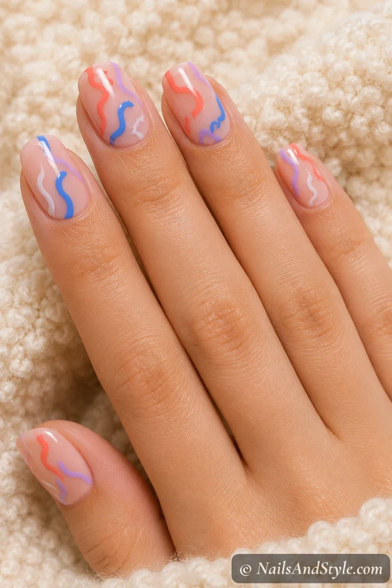 Nails with abstract colorful squiggles