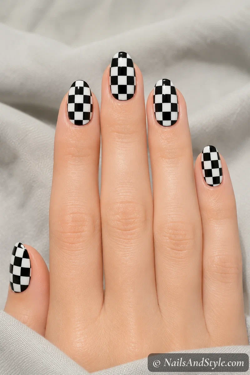 Black and white checkerboard nails