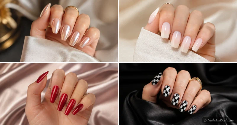 Collage of trending nail art in glazed donut, milky white, cherry red, and checkerboard designs