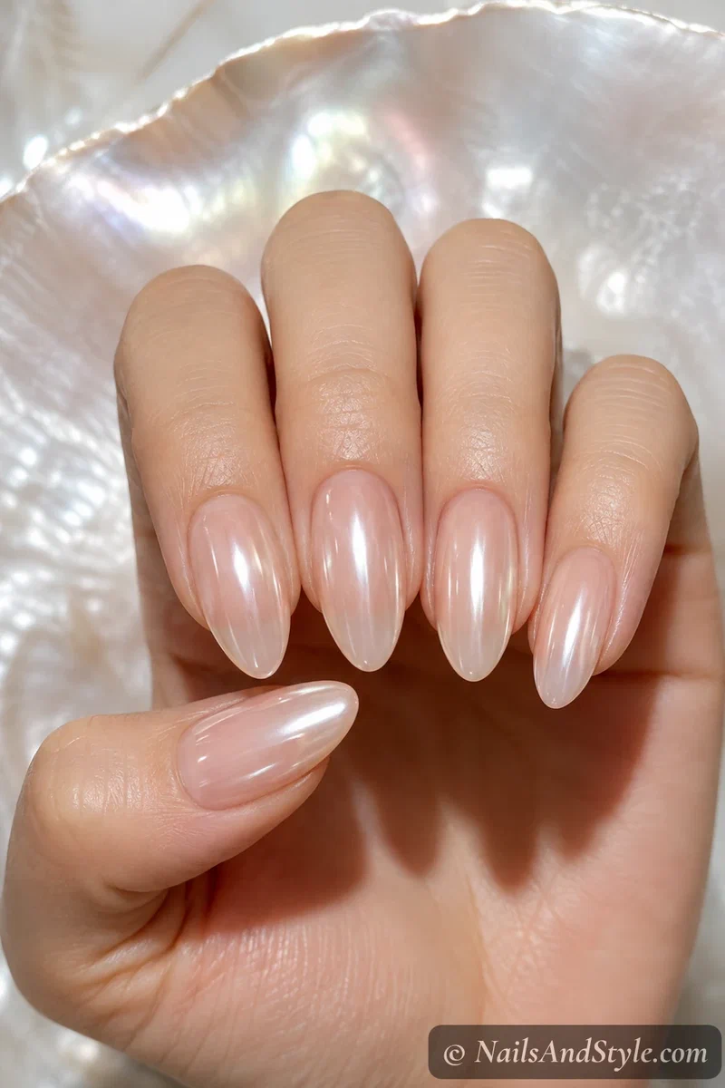 Nude nails with pearly glazed donut finish