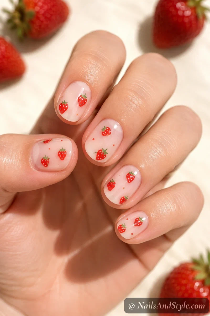 Milky nails with tiny painted strawberries