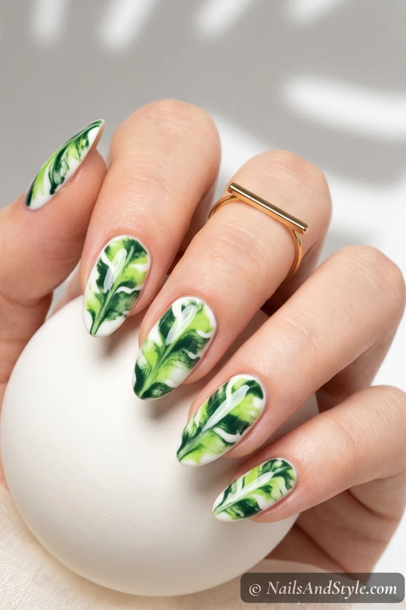 Green and lime marble nails resembling banana leaf texture on white base
