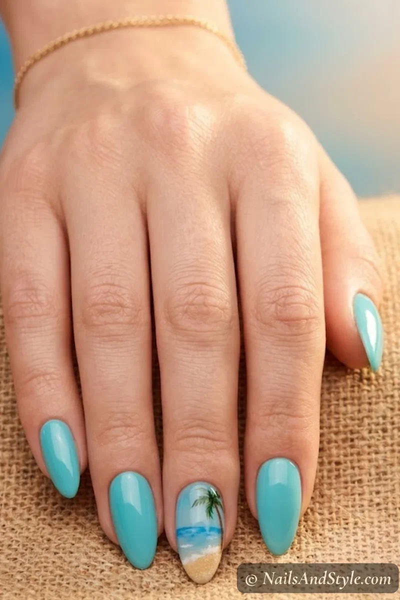 Miniature beach scene nail art with ocean blue base, sandy shore, and tiny palm tree