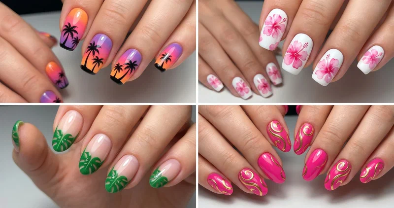 Collage of four tropical beach nail designs with palm tree silhouettes, watercolor hibiscus, monstera tips, and sunset ombre