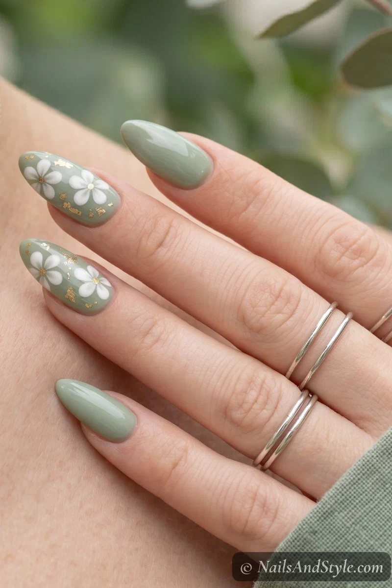 Sage green nails with white frangipani flowers and gold leaf detail accents