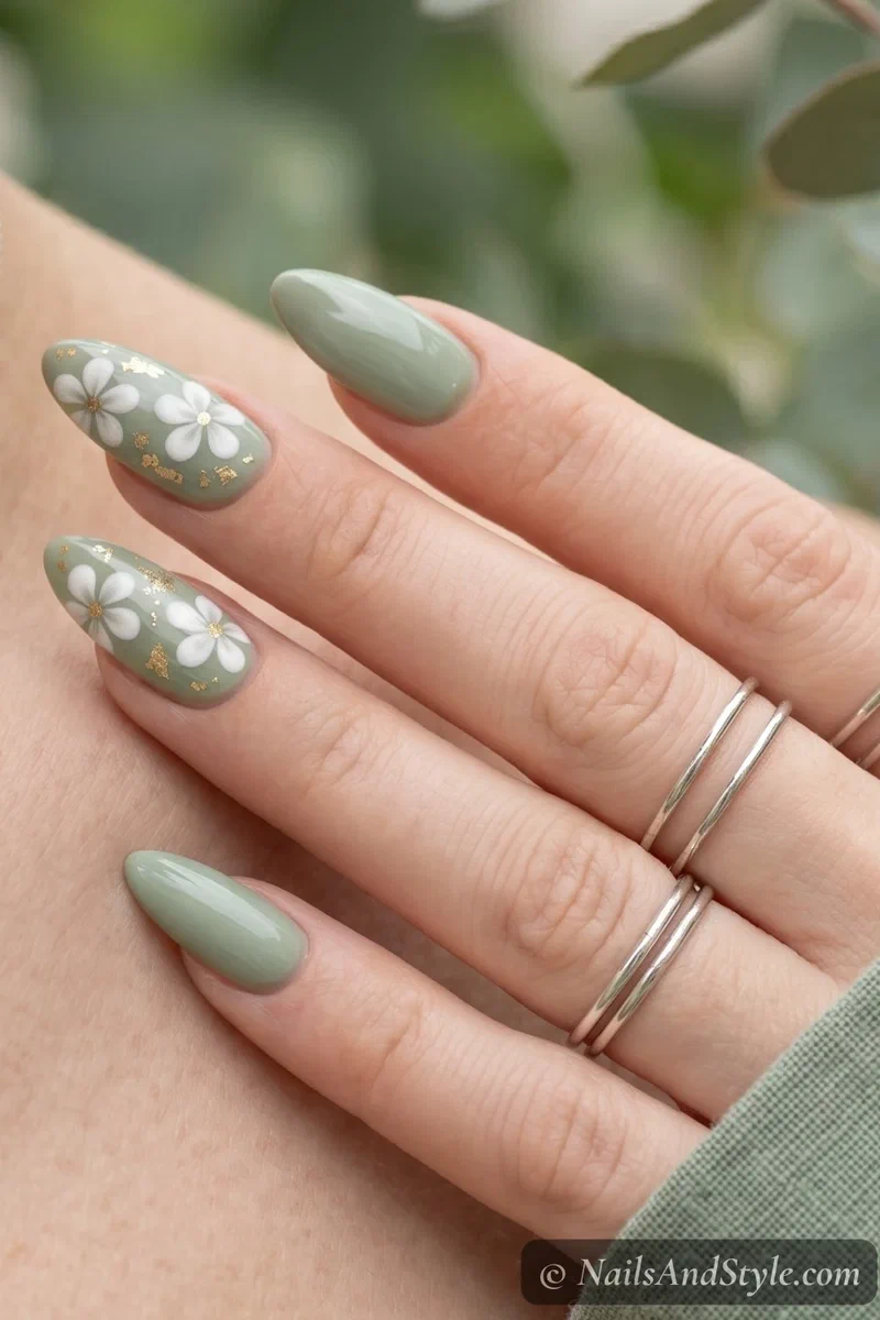 Sage green nails with white frangipani flowers and gold leaf detail accents