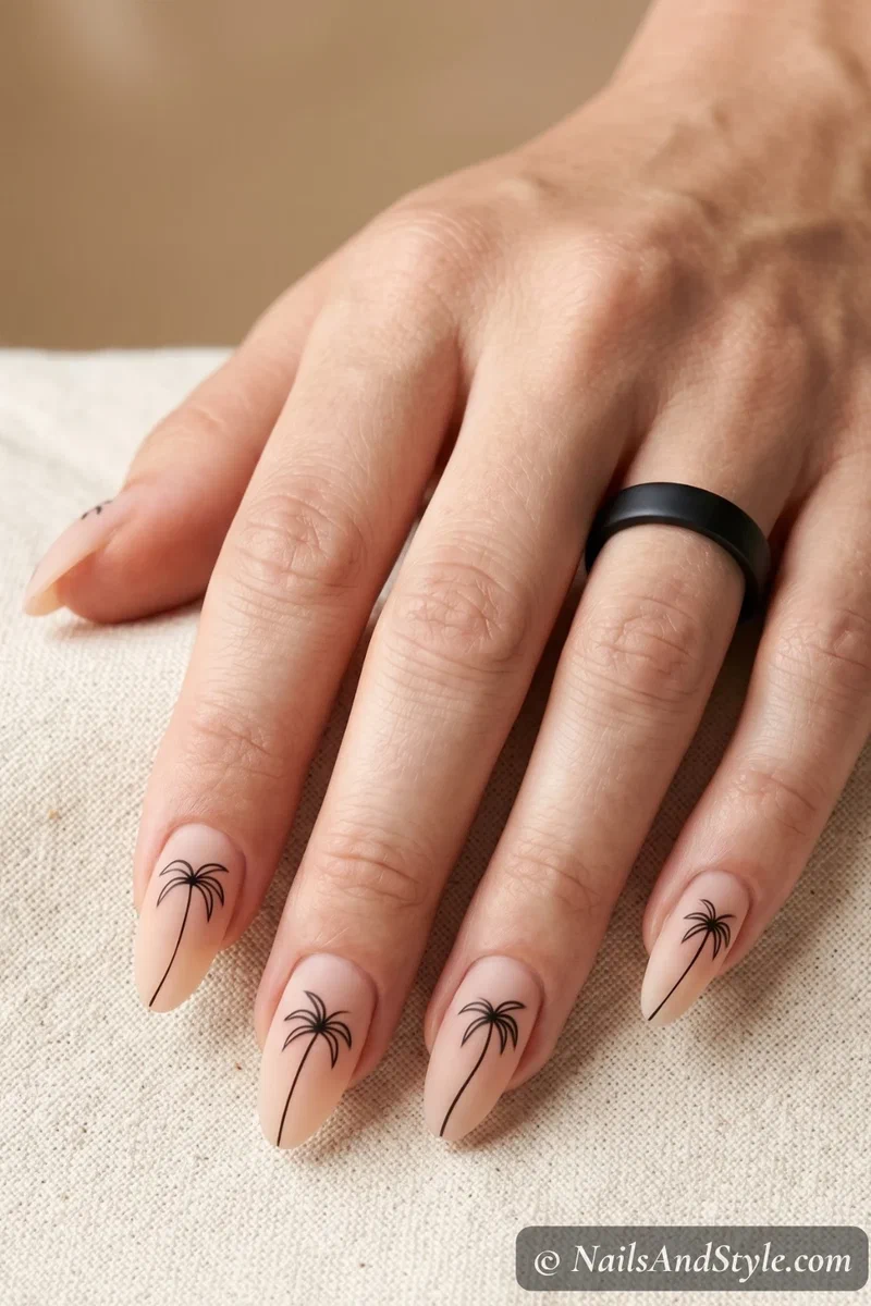 Sheer nude nails with minimalist single-line palm tree drawings in black