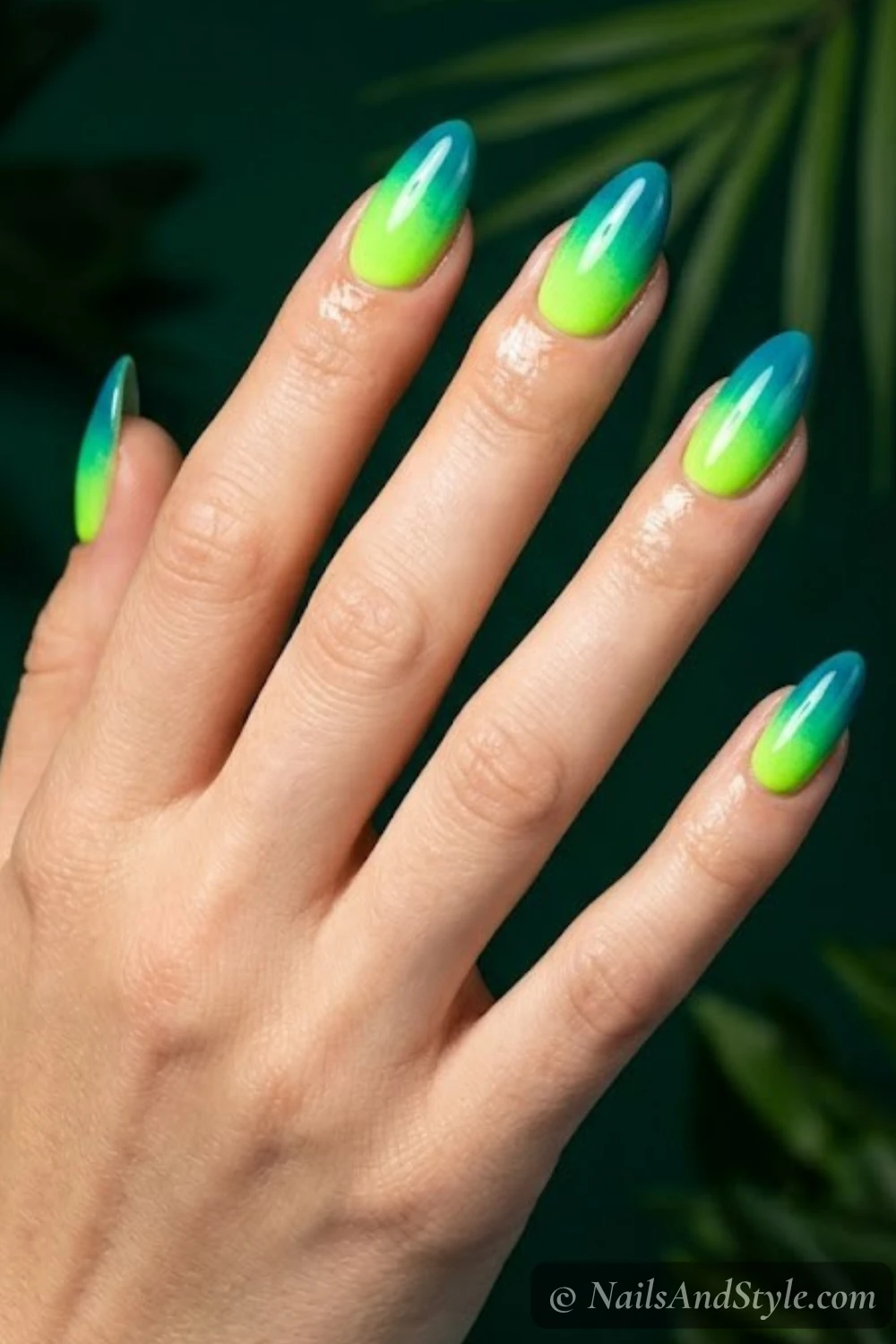 Neon green to teal gradient nails