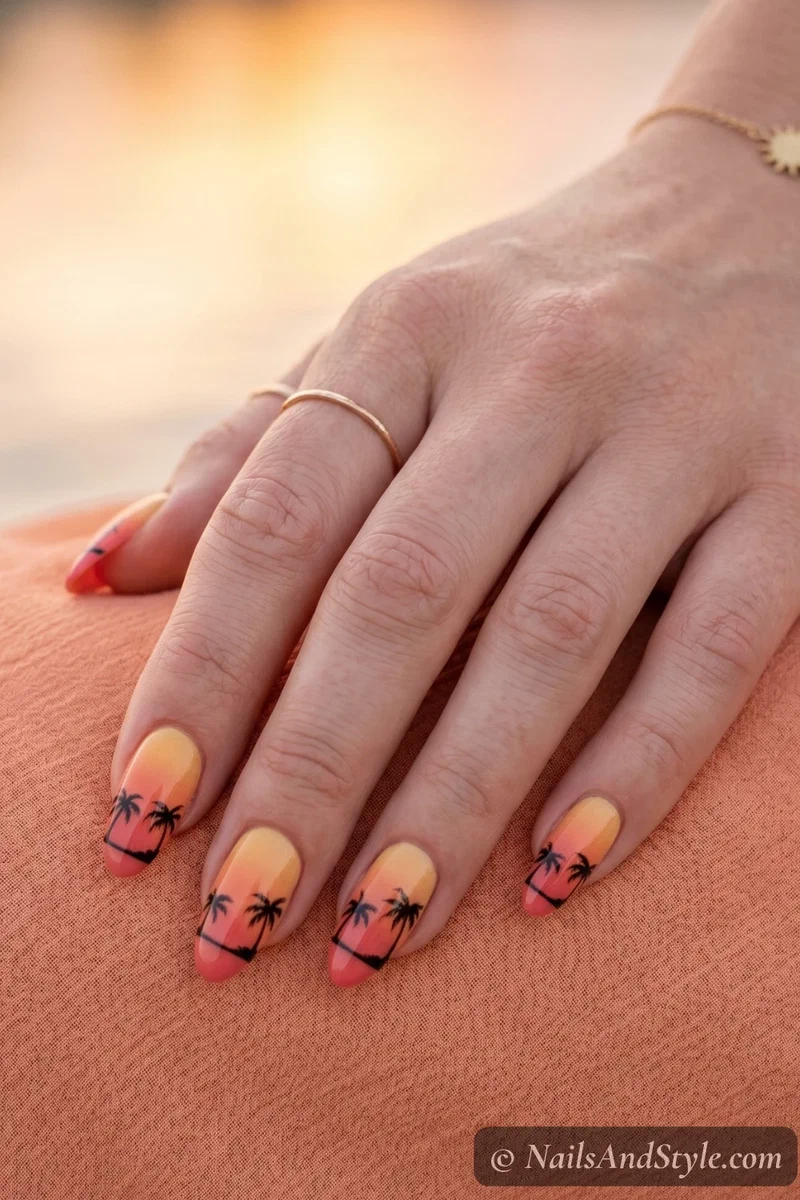 Sunset gradient nails with black palm tree silhouette details at the tips