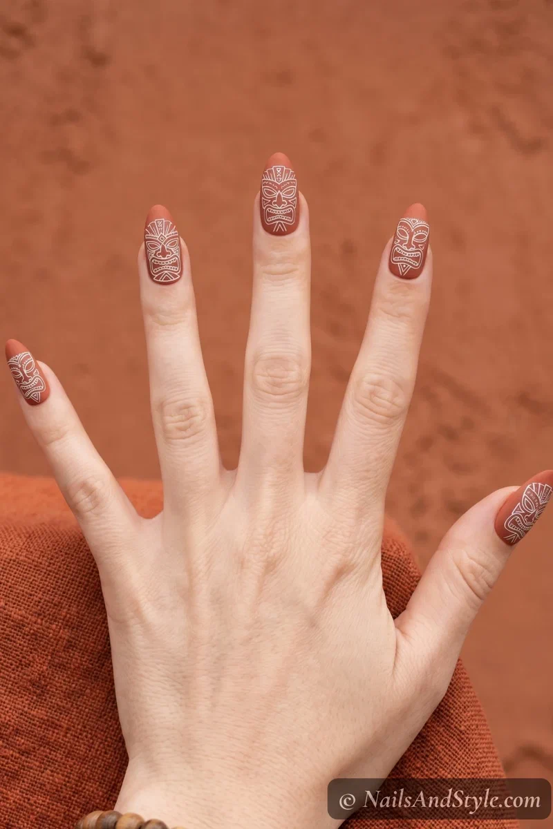 Matte terracotta nails with white tiki mask line art patterns