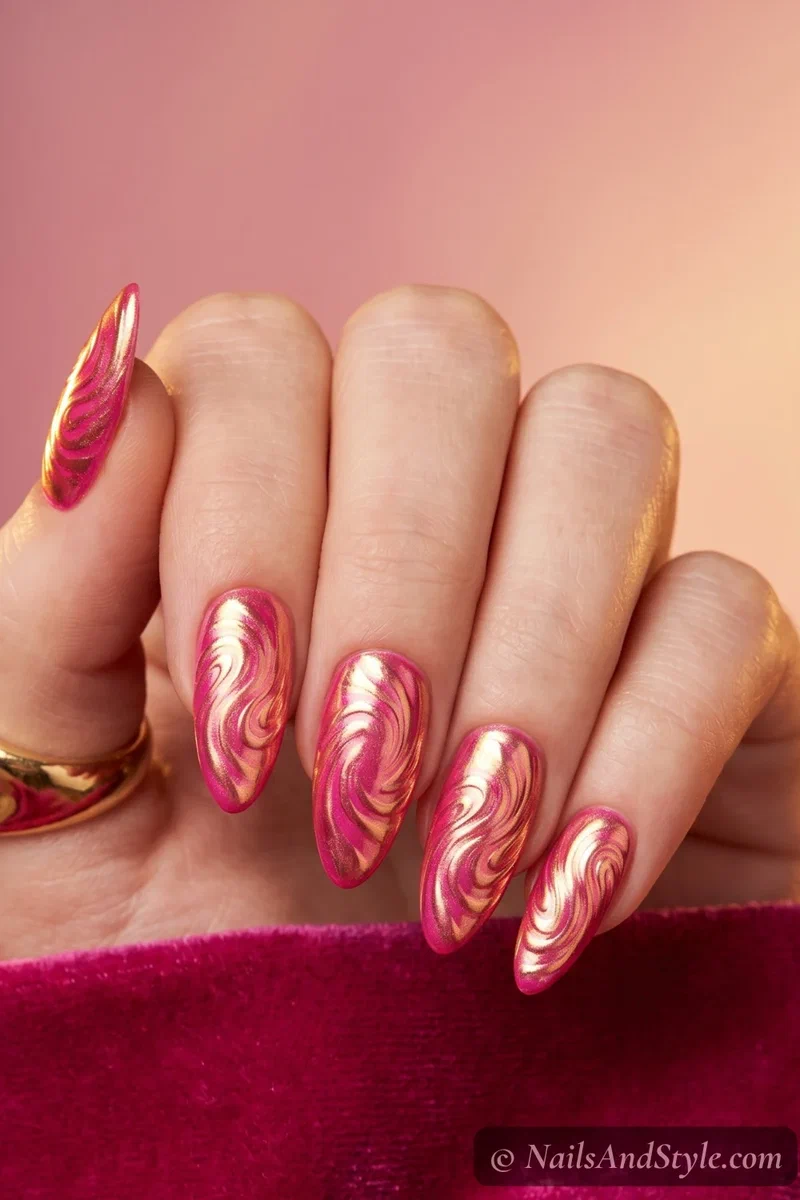 Hot pink nails with gold chrome powder swirl patterns creating a sunset effect