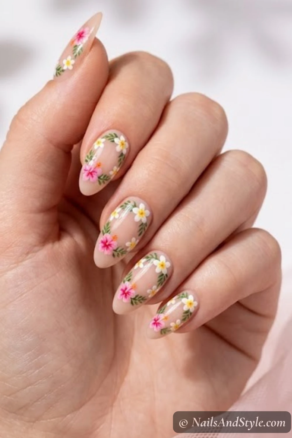 Tropical floral wreath nails