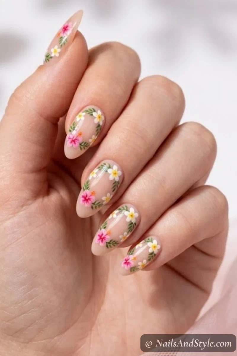 Nails with a delicate wreath of tiny tropical flowers painted around a bare center