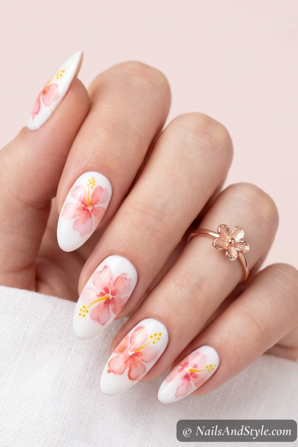 Watercolor hibiscus nails