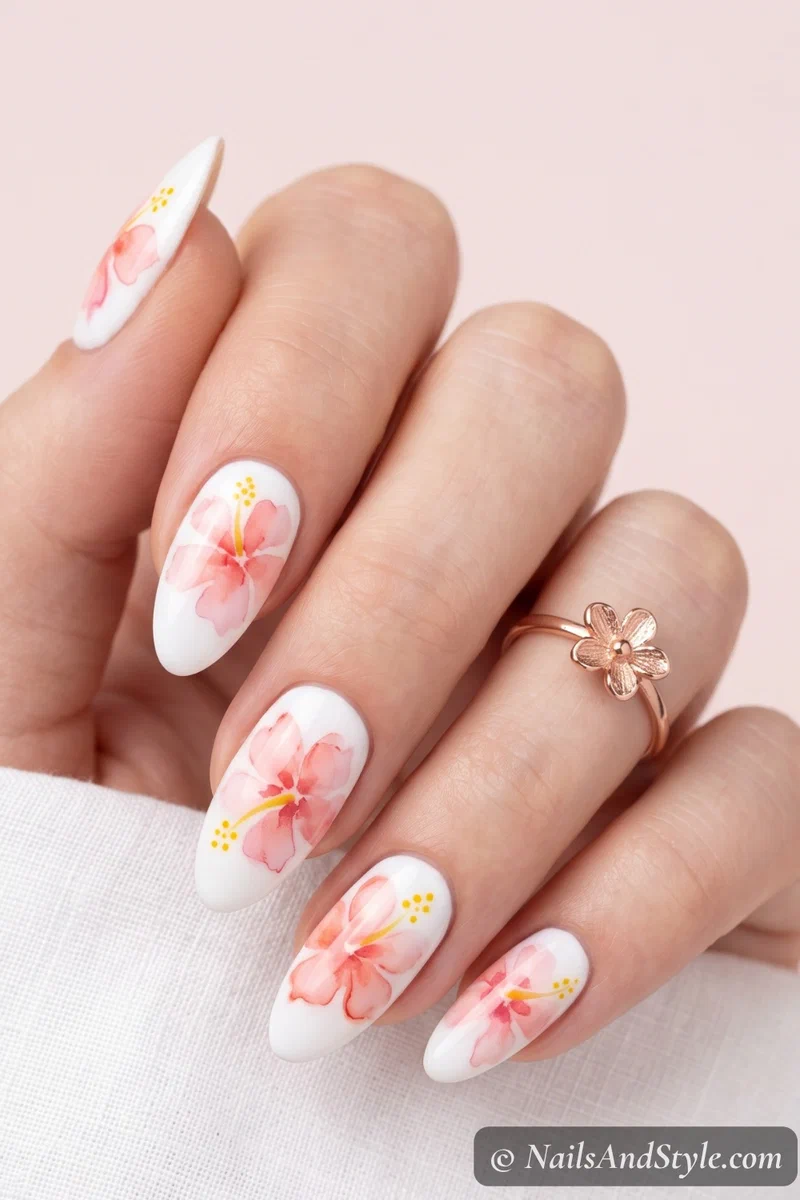 White base nails with loose watercolor hibiscus flowers in pink and coral