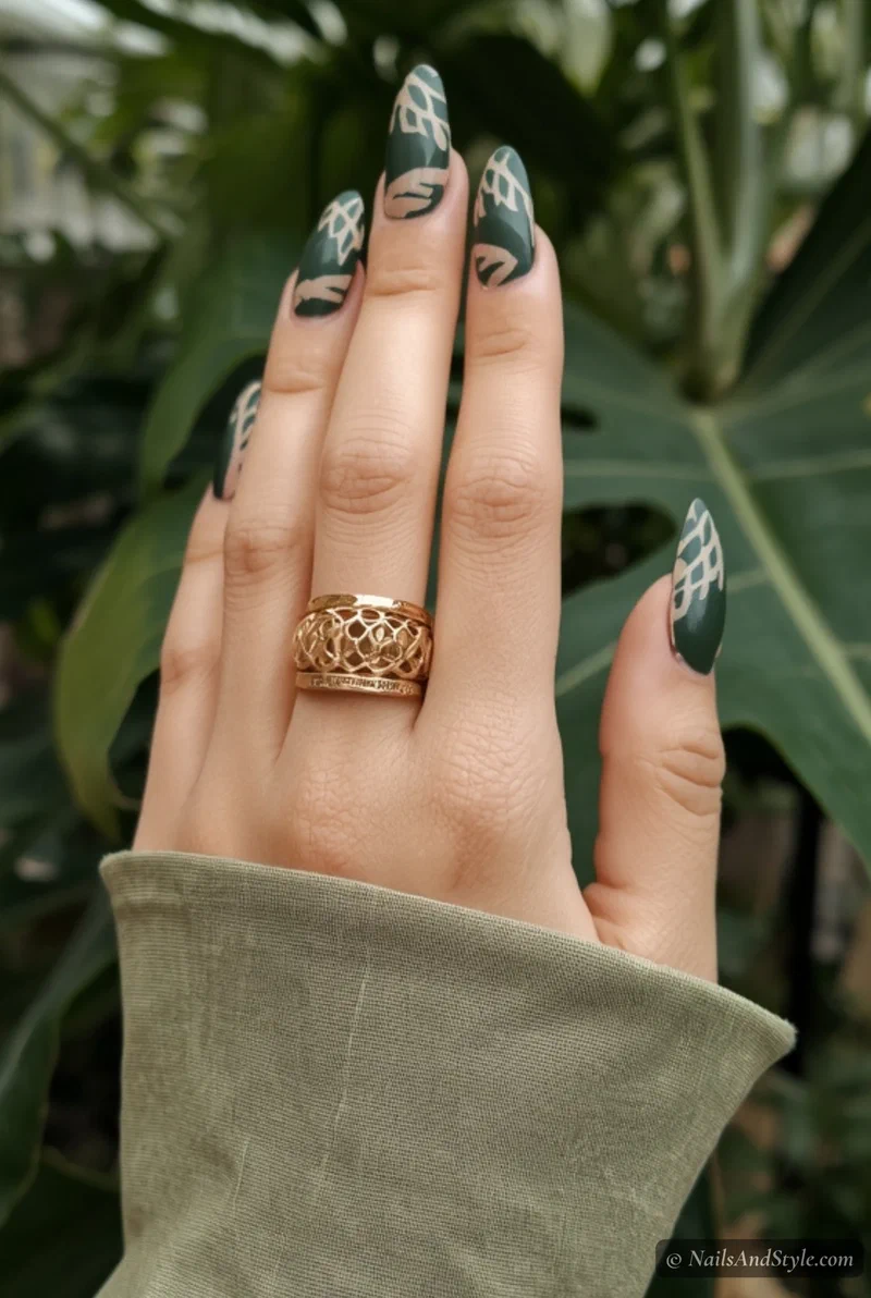 Dark green banana leaf print nails with lighter green vein details on medium nails