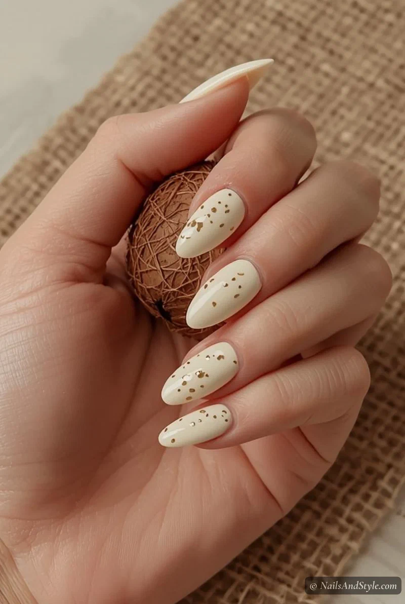 Creamy off-white nails with gold foil flecks on short round nails