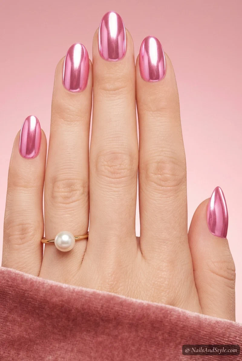 Flamingo pink chrome mirror nails on short almond nails