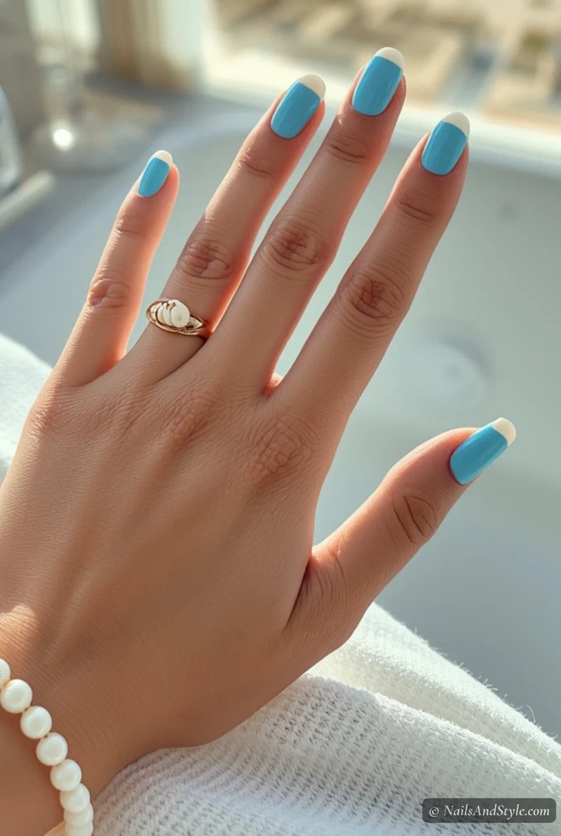 Turquoise blue French tip nails on a clear base with short squoval shape