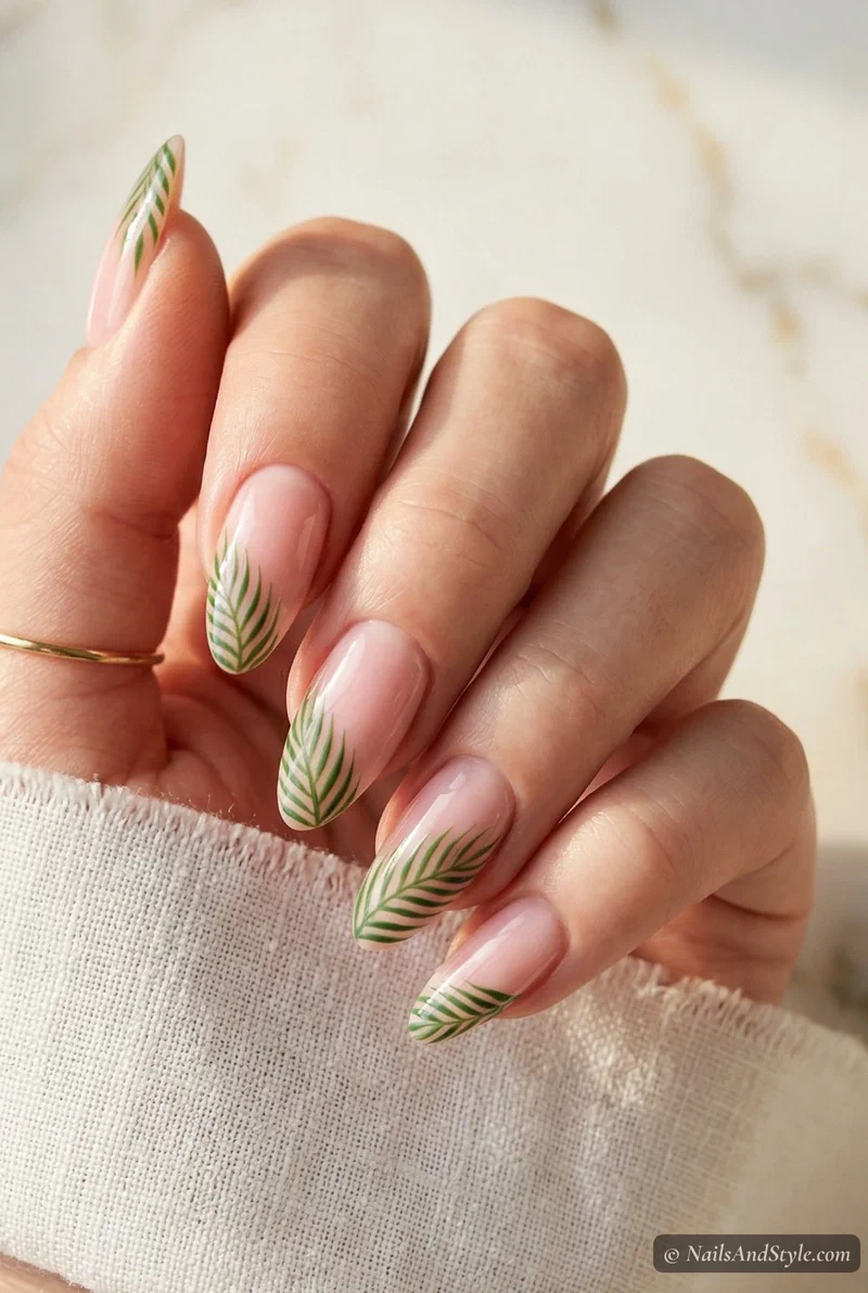 Green palm leaf French tip nails on a sheer pink base with almond shape