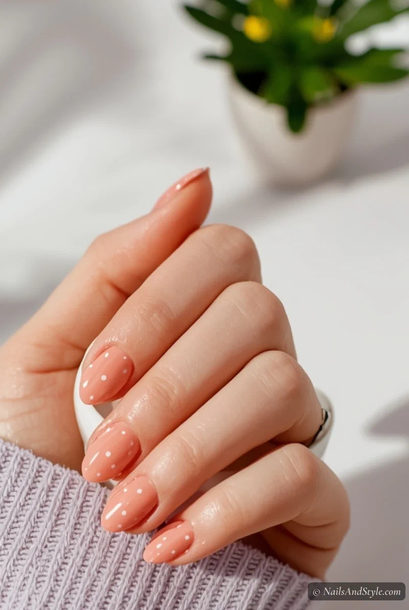 Papaya pink nails with scattered white polka dots on short round nails