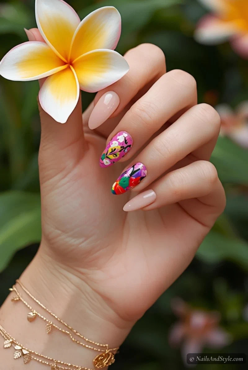 Mixed tropical floral nail art with different flowers on each nail on a nude base