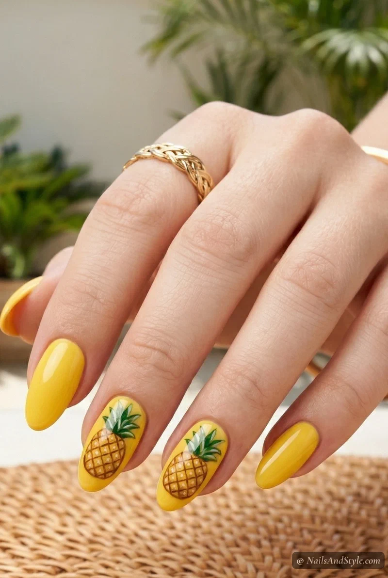Yellow nails with hand-painted pineapple art on accent nails