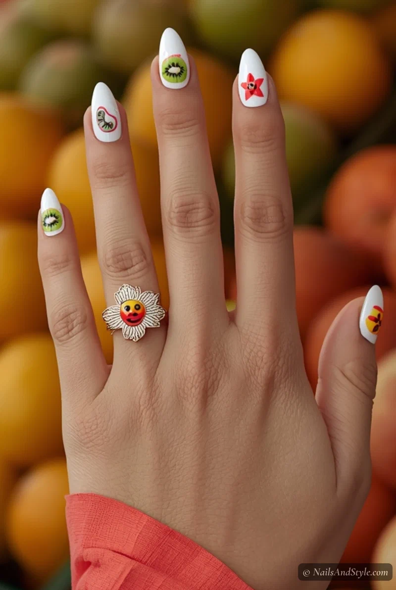Tropical fruit slice nail art with different fruits on each nail on a white base
