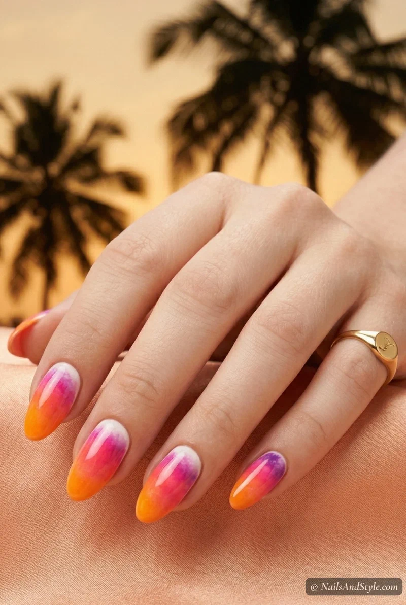 Tropical sunset gradient nails with orange pink and purple on medium nails