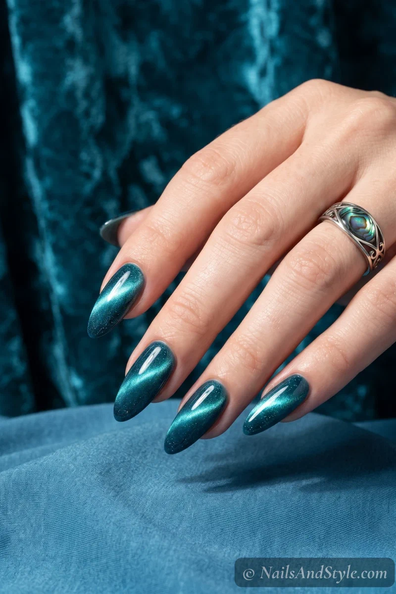 Aqua cat eye magnetic nails with glowing central light stripe