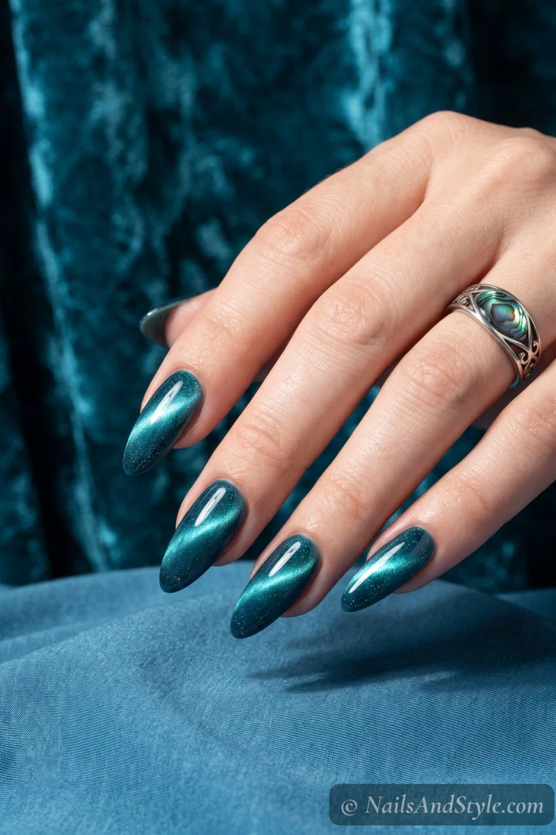 Aqua cat eye magnetic nails with glowing central light stripe