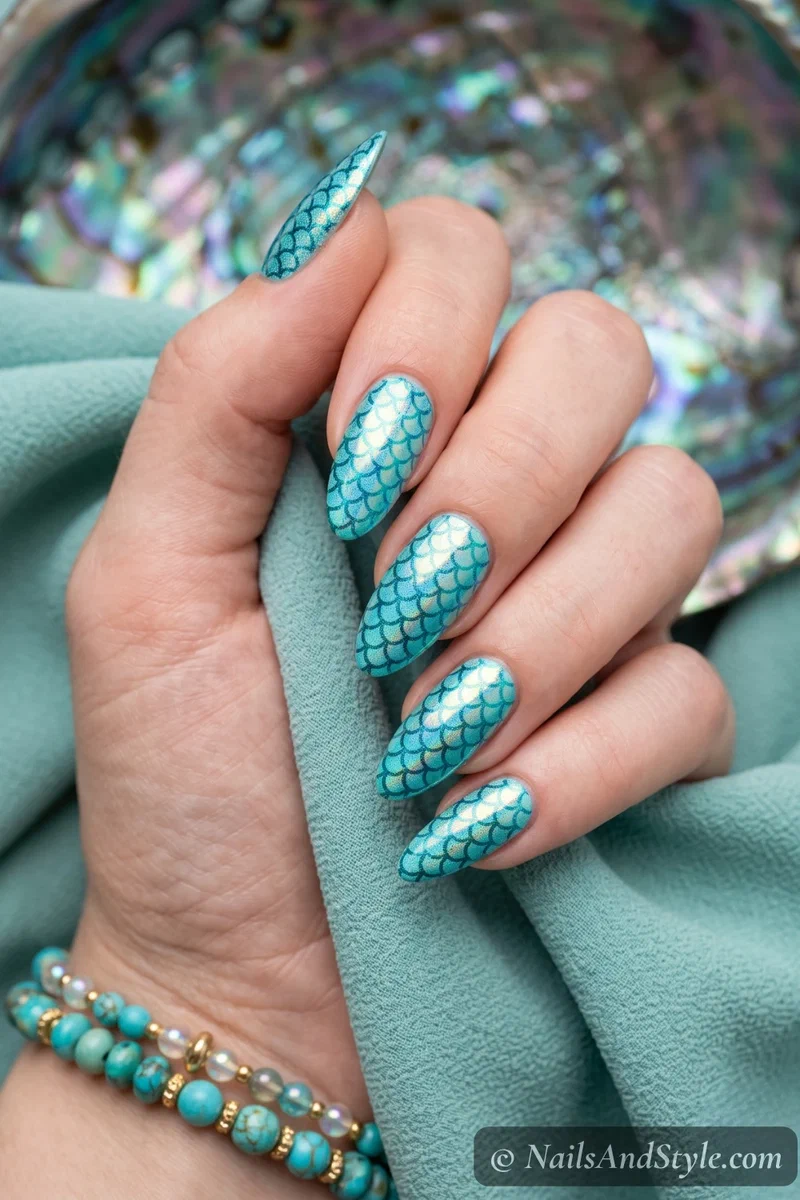 Aqua nails with fishnet-stamped mermaid scale pattern in teal and chrome