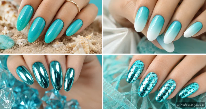 Collage of four turquoise and aqua beach nail designs featuring ombre, marble, chrome, and glitter looks