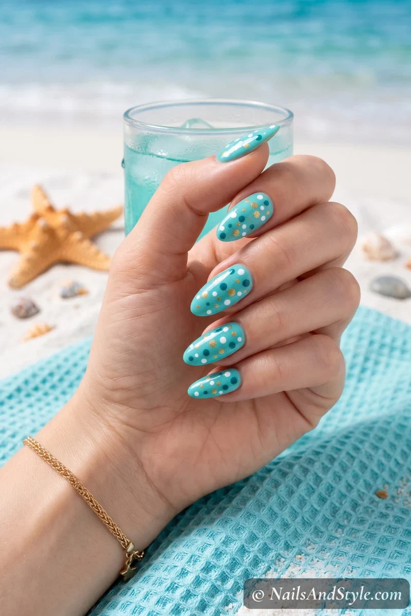 Turquoise base nails with scattered confetti dots in white, gold, and teal