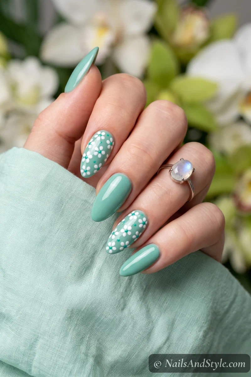 Seafoam green nails with white dotting tool flowers on accent nails