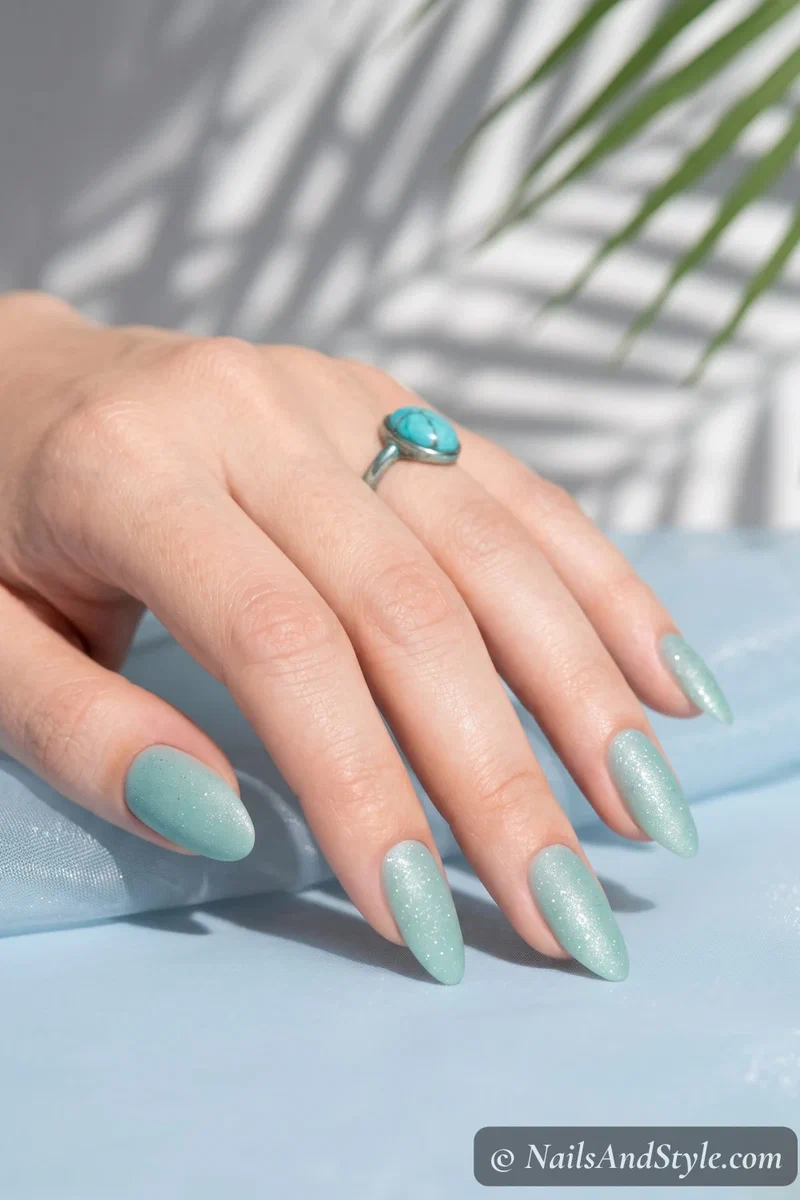 Seafoam green shimmer nails with delicate sparkle particles