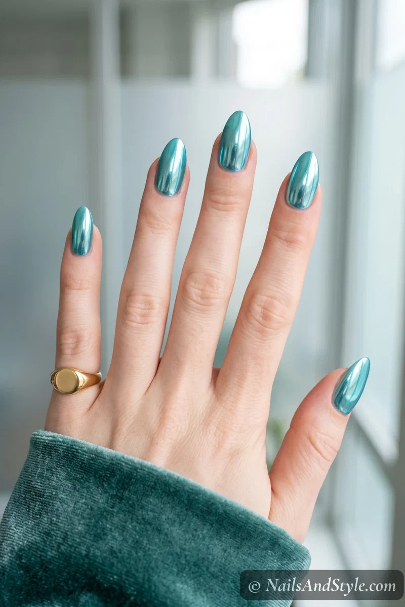 Mirror-finish turquoise chrome nails with reflective surface