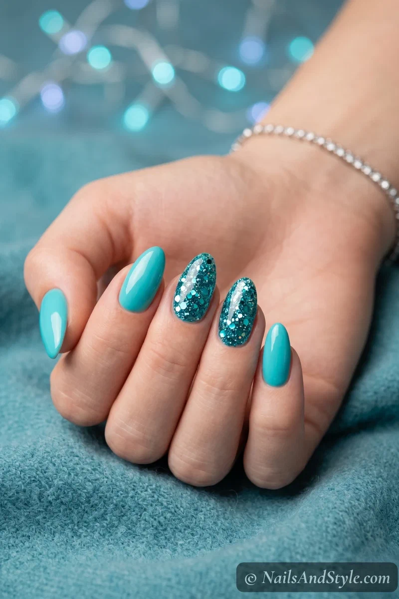 Solid turquoise nails with two glitter accent nails in chunky teal sparkle