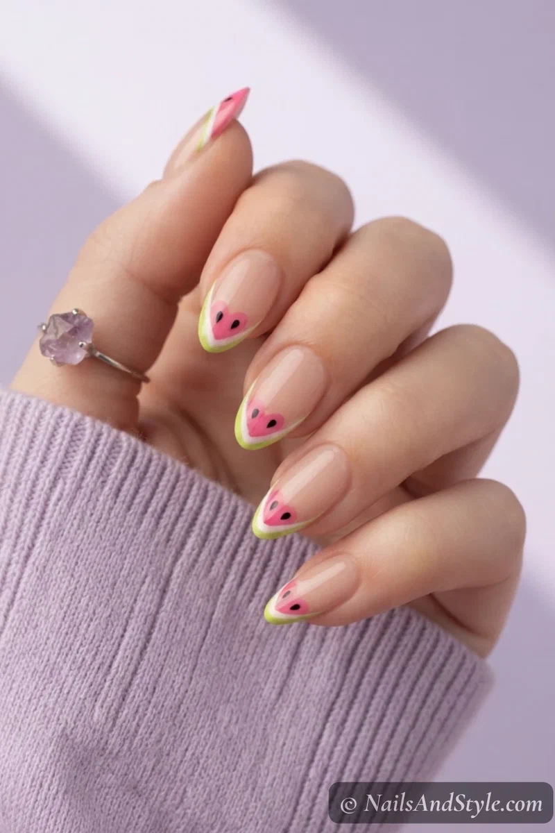 Diagonal mini watermelon side french tip nails with angled pink white green stripe and seeds on medium almond nails
