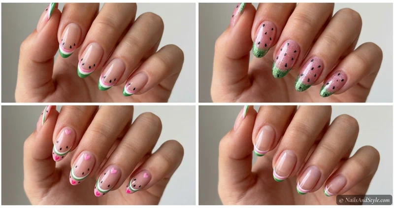 Collage of mini watermelon french tip designs including classic pastel glittery and heart variations